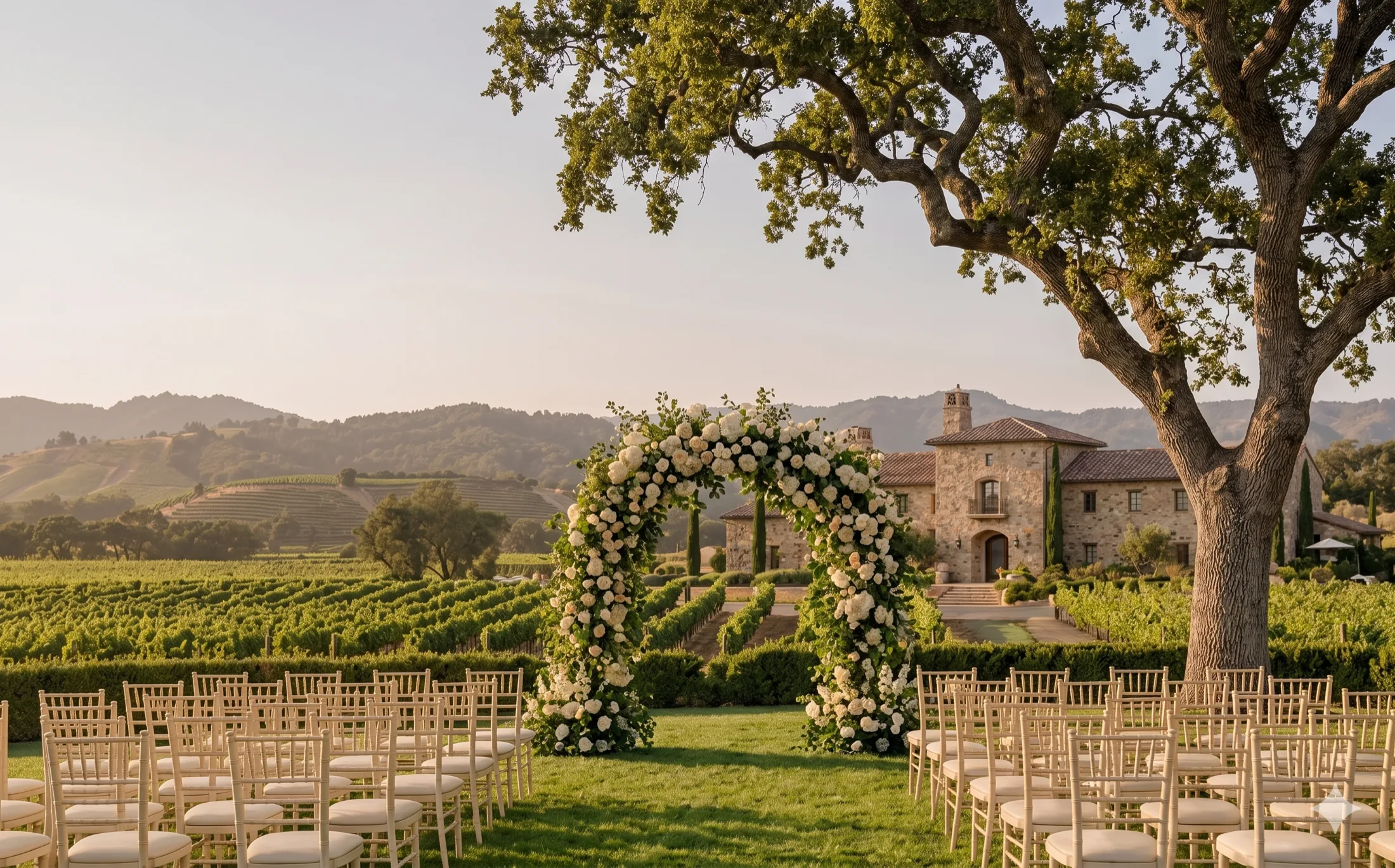 Outdoor wedding venue at sunset